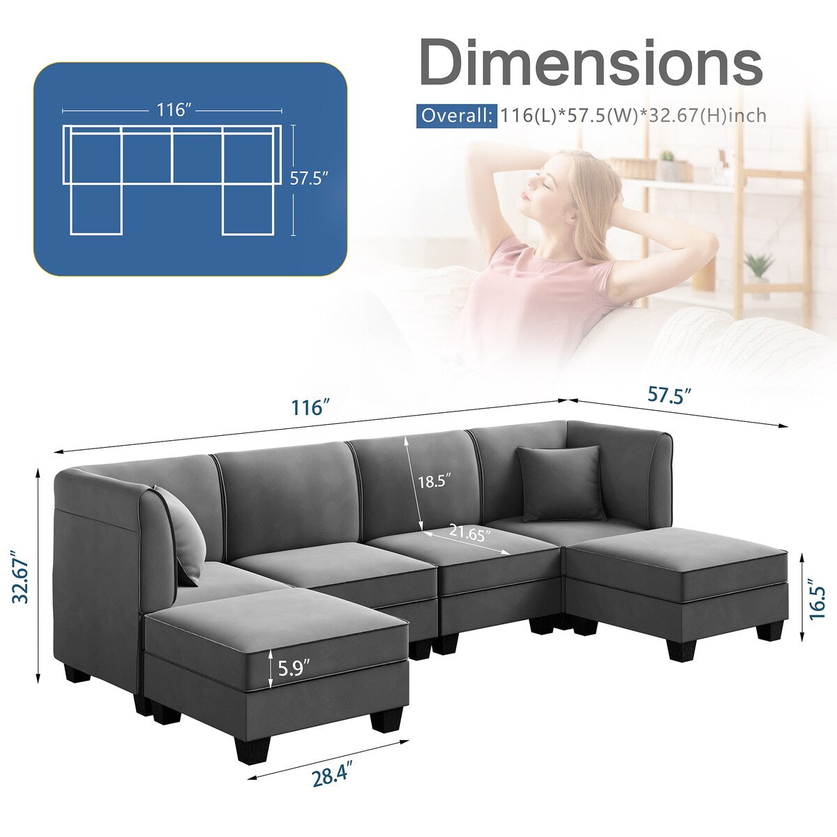 Futzca Sectional Couch Modular Sofa, 116" Velvet L-Shaped Couch Sofa