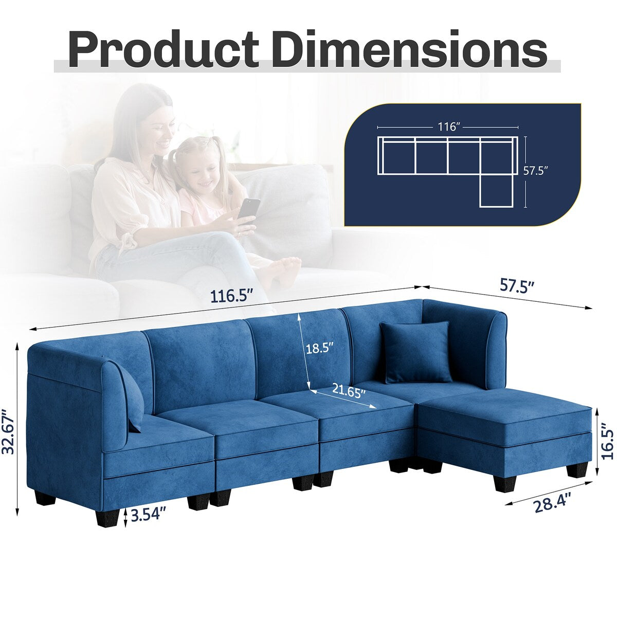 Futzca Sectional Couch Modular Sofa, 116" Velvet L-Shaped Couch Sofa