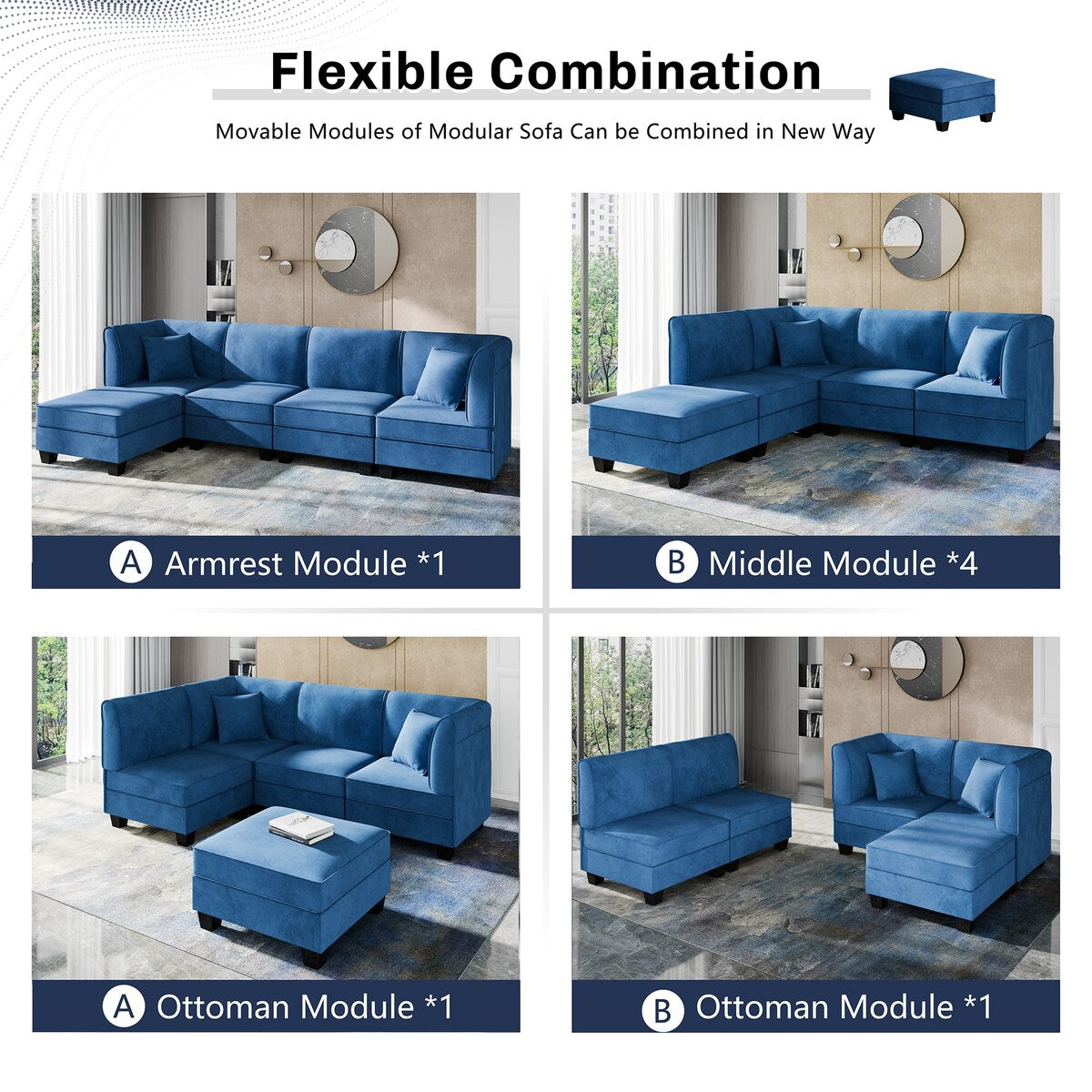 Futzca Sectional Couch Modular Sofa, 116" Velvet L-Shaped Couch Sofa