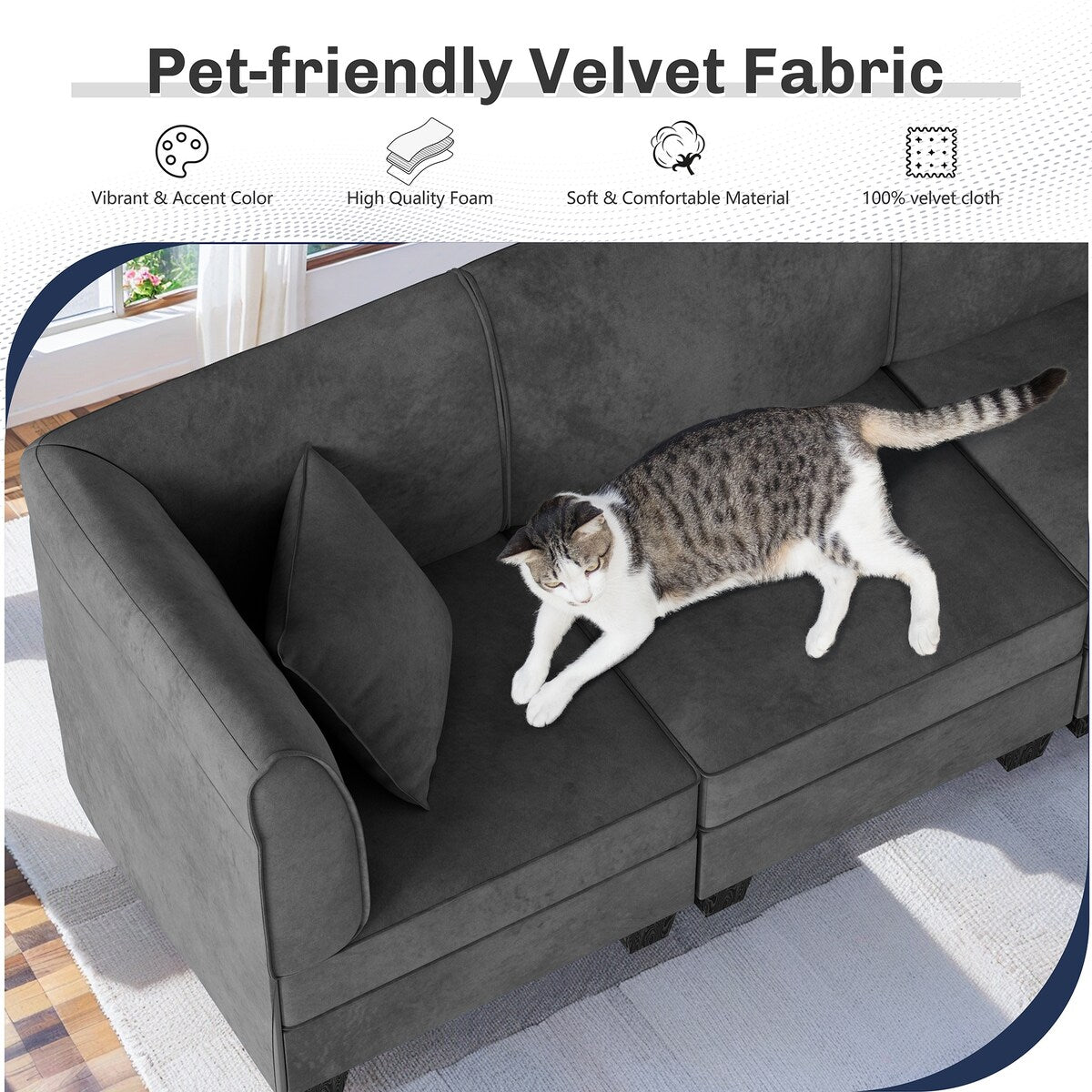 Futzca Sectional Couch Modular Sofa, 116" Velvet L-Shaped Couch Sofa