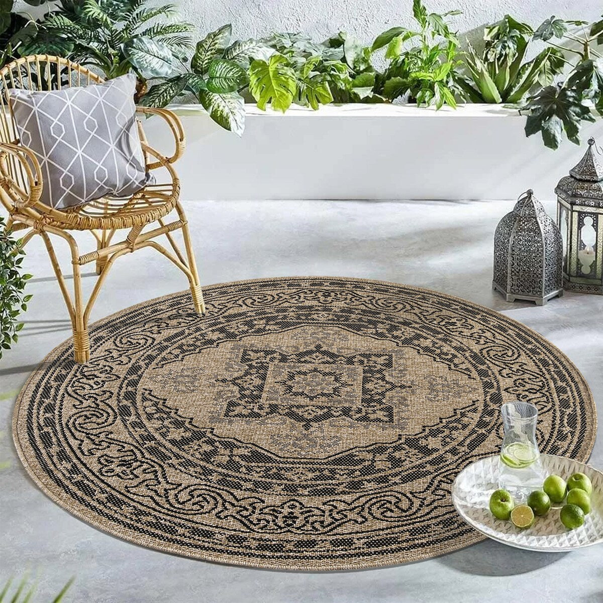 GAD - Classical Sisal-Inspired Indoor Outdoor Area Rug, Medallion, Bordered, Geometric Pattern, Fade and Stain Resistant