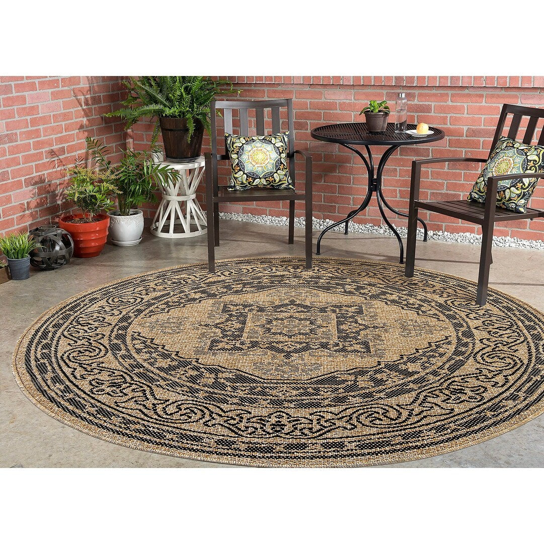 GAD - Classical Sisal-Inspired Indoor Outdoor Area Rug, Medallion, Bordered, Geometric Pattern, Fade and Stain Resistant
