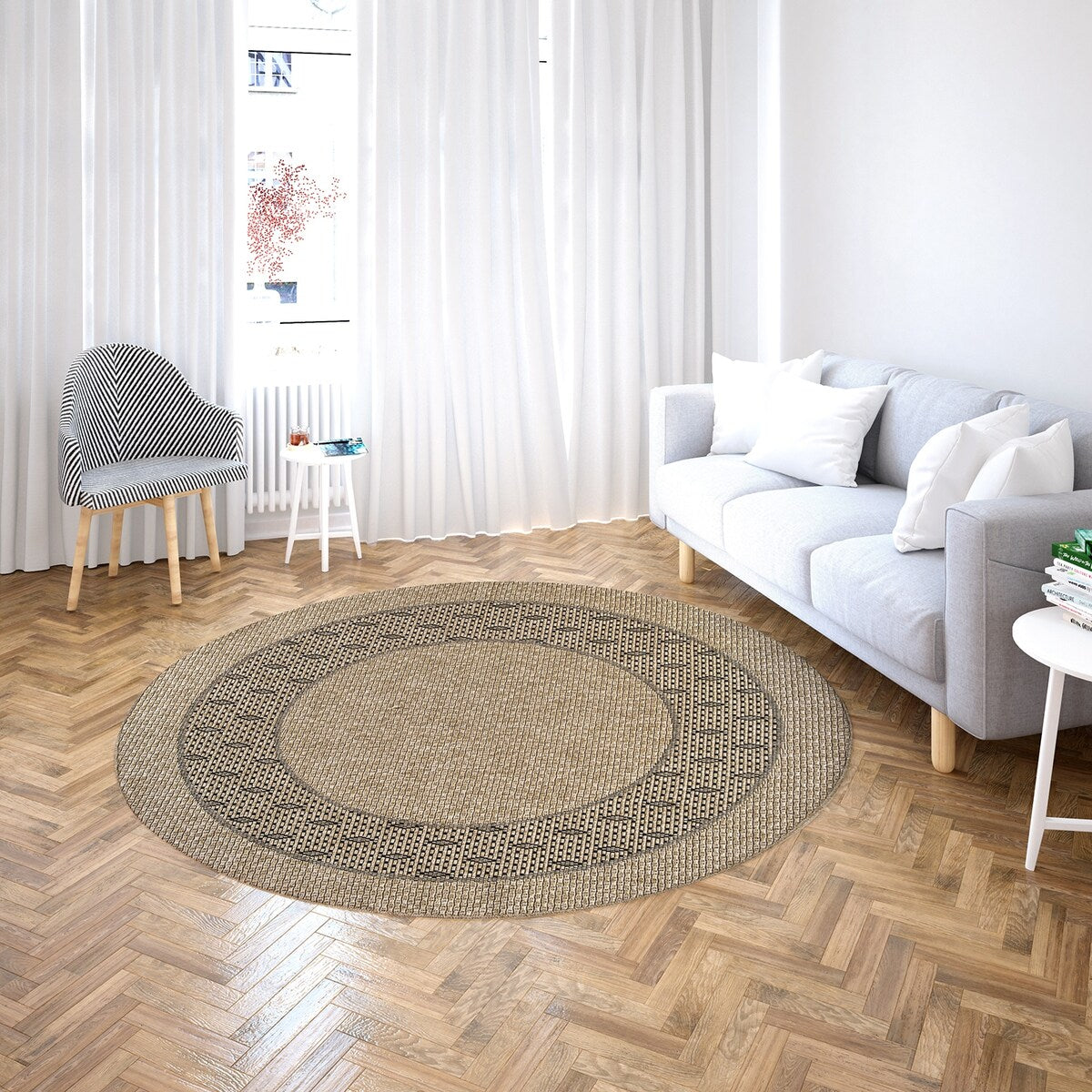 GAD - Classical Sisal-Inspired Indoor Outdoor Area Rug, Medallion, Bordered, Geometric Pattern, Fade and Stain Resistant
