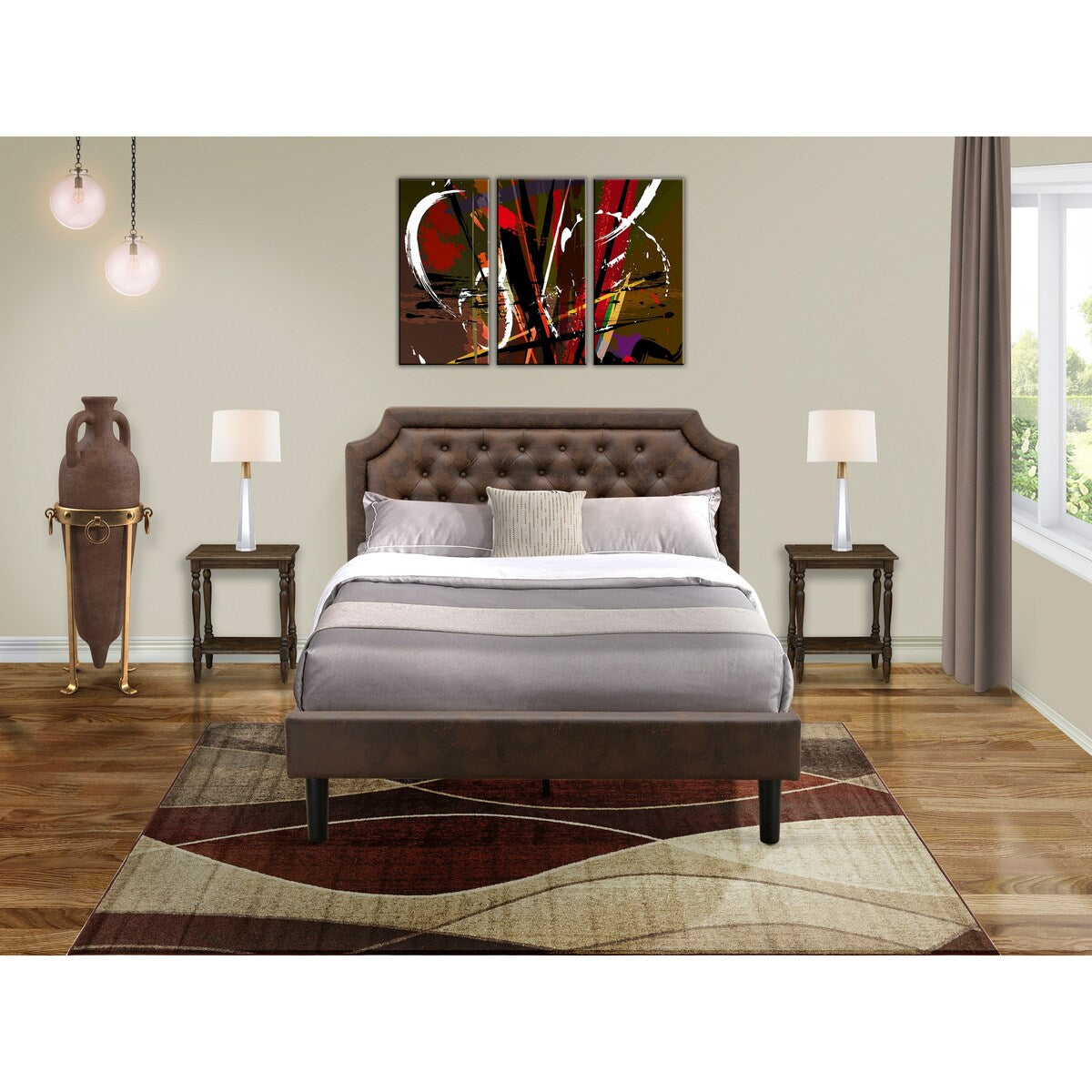 East West Furniture 3-Pc Bed Set with Frame and 2 Distressed Jacobean Modern Nightstands - Dark Brown Pu leather and Black Legs