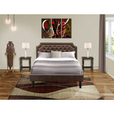 East West Furniture 3-Pc Bed Set with Frame and 2 Distressed Jacobean Modern Nightstands - Dark Brown Pu leather and Black Legs