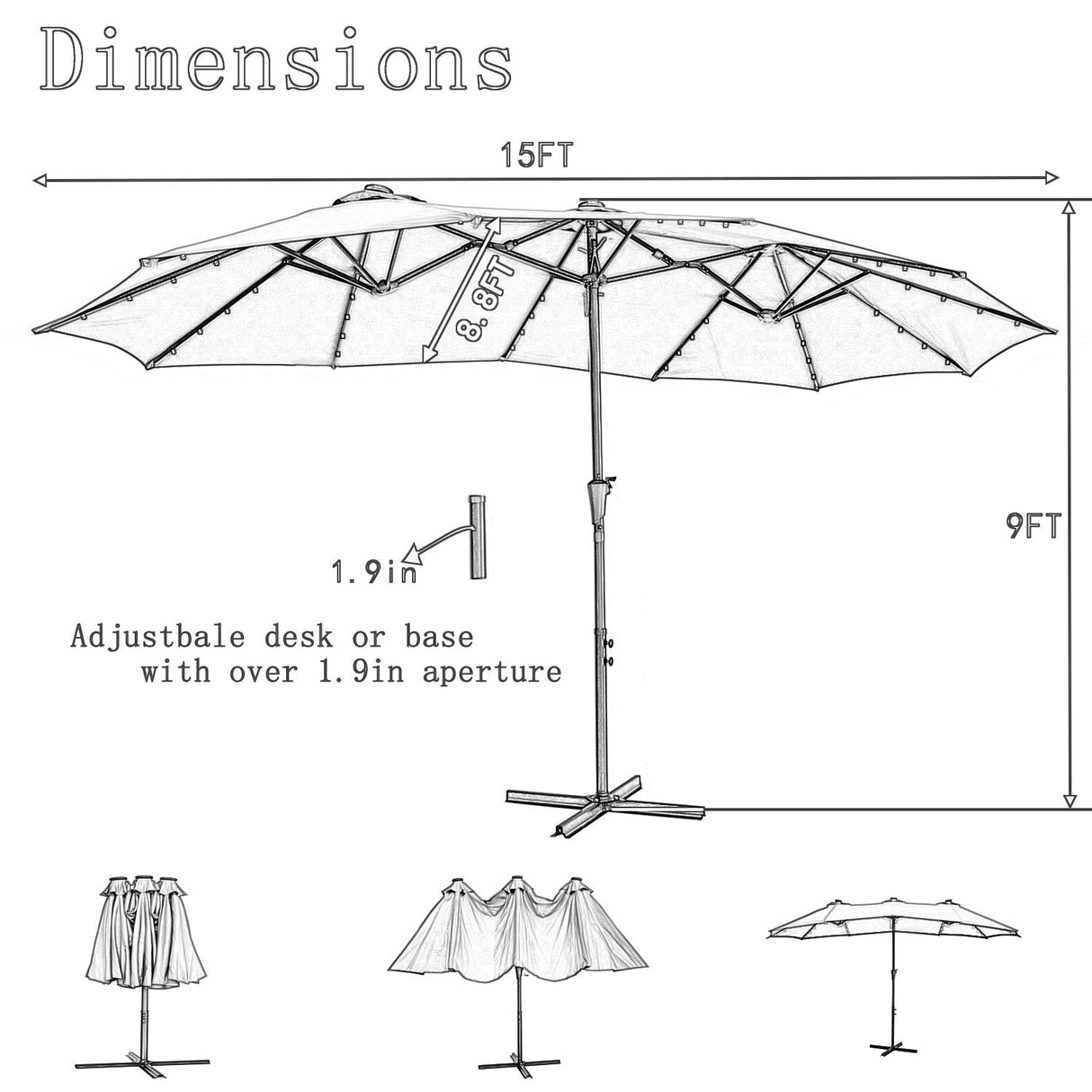 GDY 15 FT Outdoor Rectangle Umbrella with 48 pieces Solar LED light (Optional Base Sold Separately)