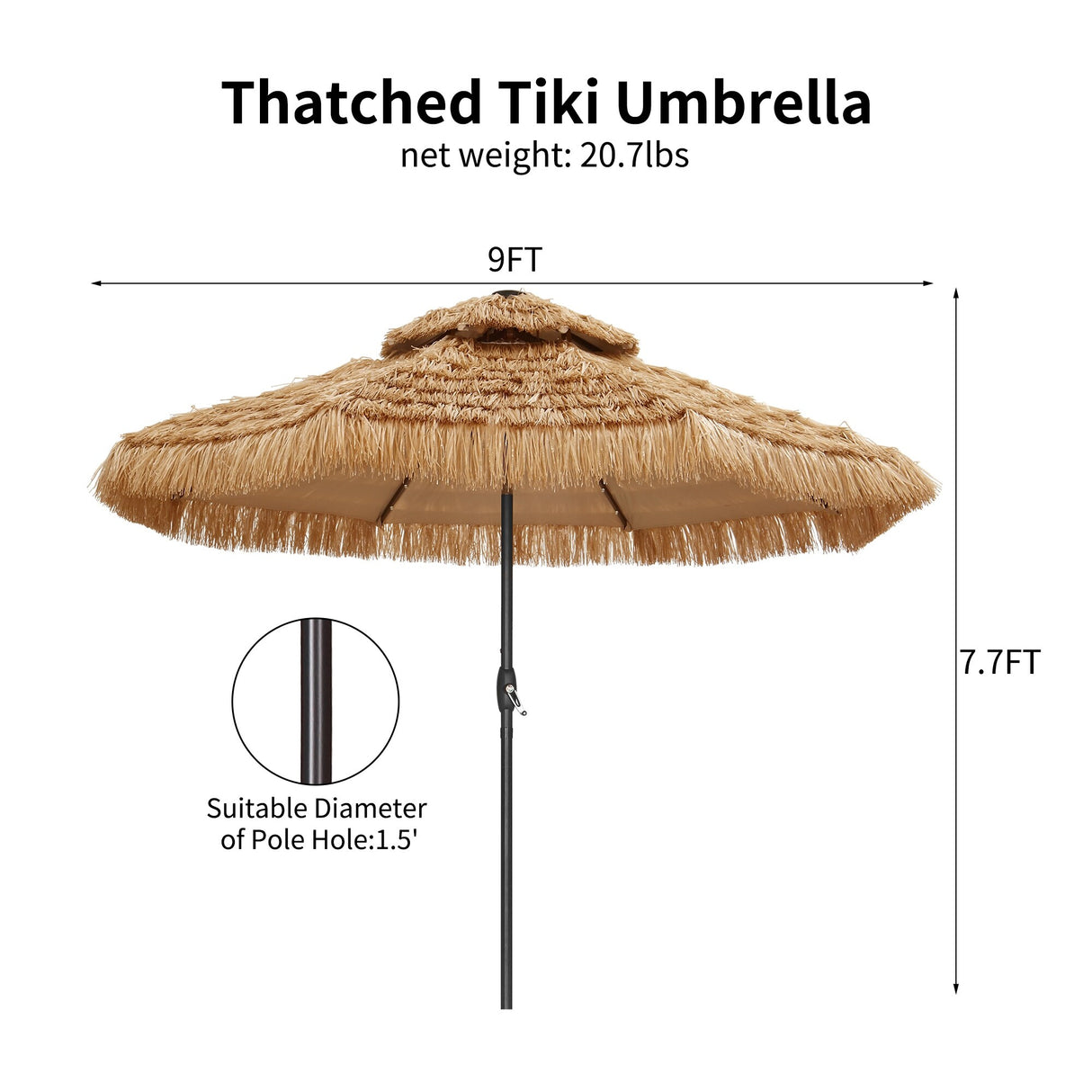 GDY 9 FT 32 LED Thatched Tiki Umbrella, Hawaiian Style Beach Patio Umbrellas for Garden Beach Pool