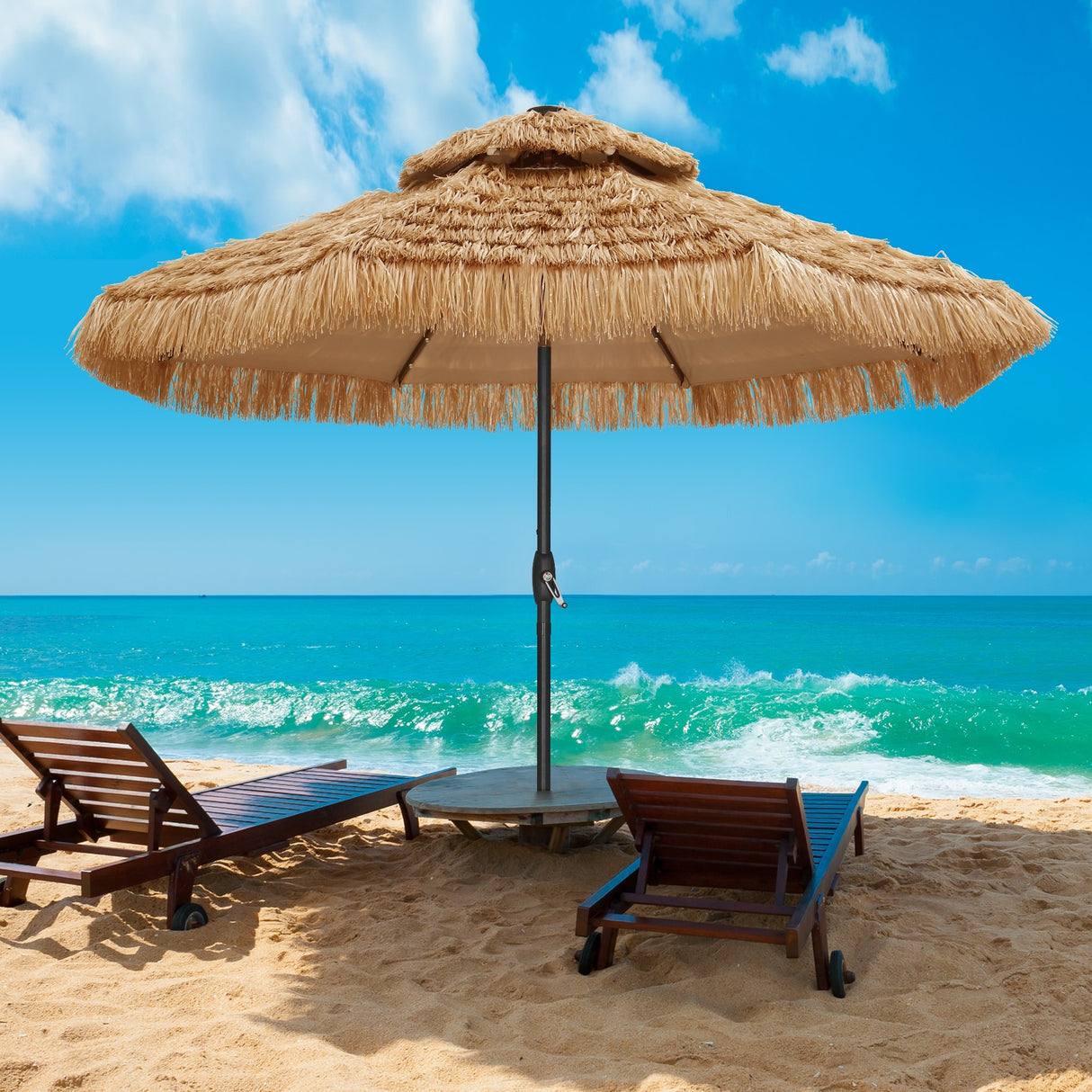 GDY 9 FT 32 LED Thatched Tiki Umbrella, Hawaiian Style Beach Patio Umbrellas for Garden Beach Pool