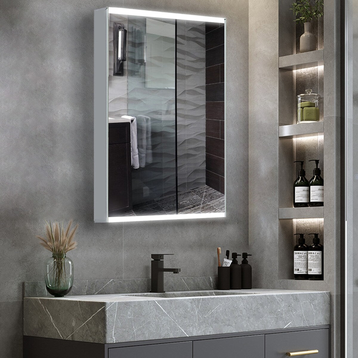 GIVINGTREE Medicine Cabinet Mirrors with 2 Adjustable Shelves (Hinge on the left to Open) Surface-mounted LED lights - N/A