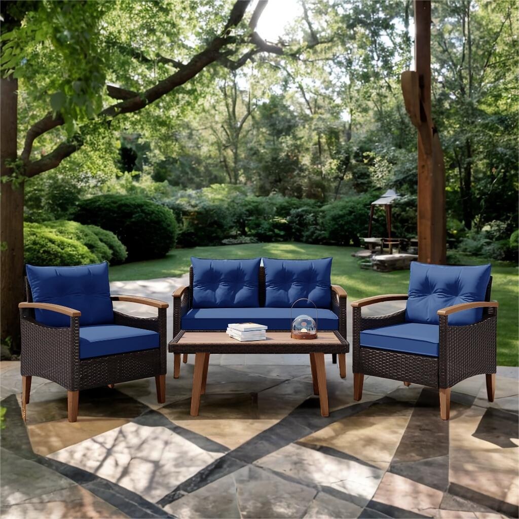 GO 4-Piece Garden Furniture, Patio Seating Set, PE Rattan Outdoor Sofa Set, Wood Table and Legs, Brown and Blue