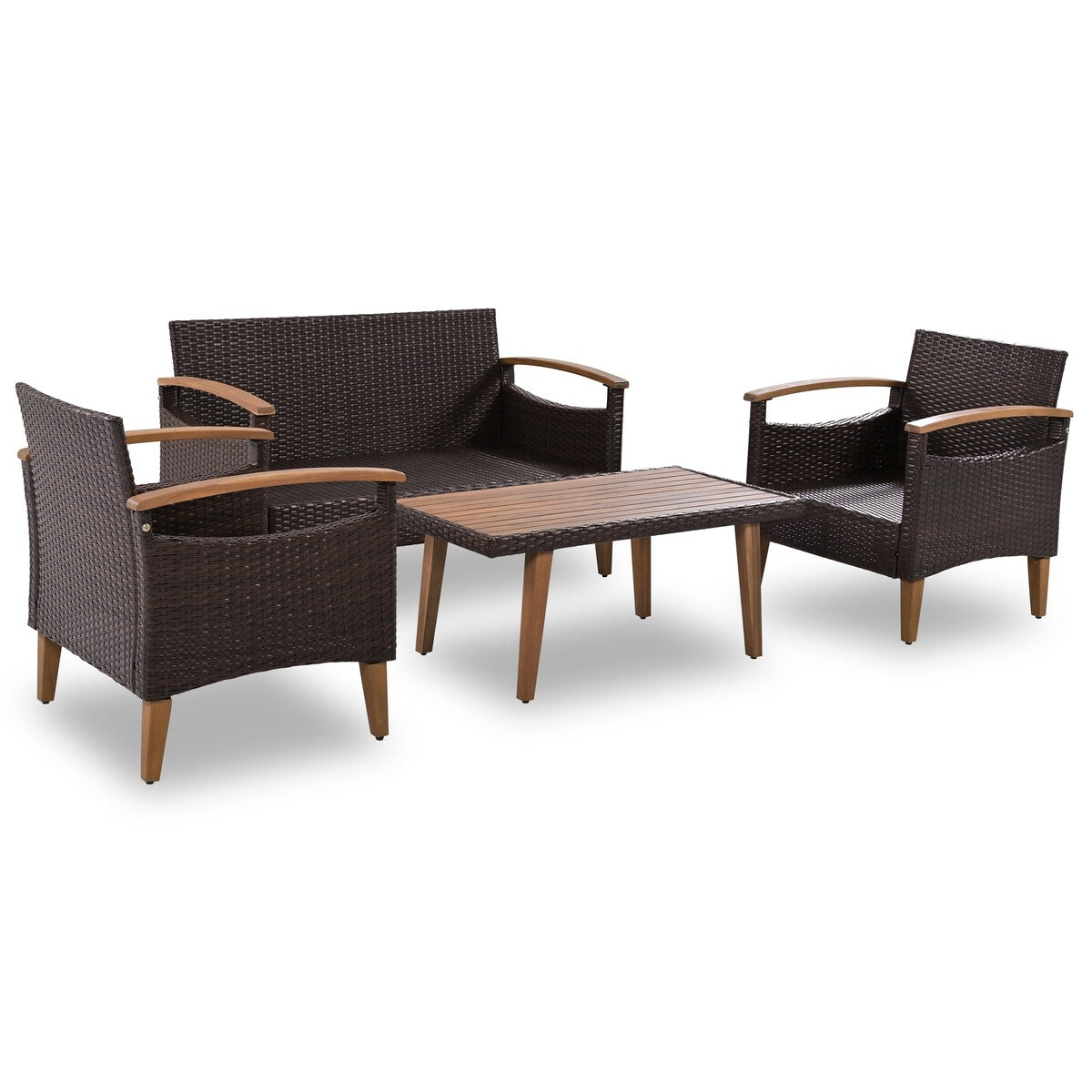 GO 4-Piece Garden Furniture, Patio Seating Set, PE Rattan Outdoor Sofa Set, Wood Table and Legs, Brown and Blue