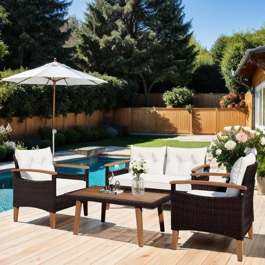 GO 4-Piece Garden Furniture, Patio Seating Set, PE Rattan Outdoor Sofa Set, Wood Table and Legs, Brown and Blue