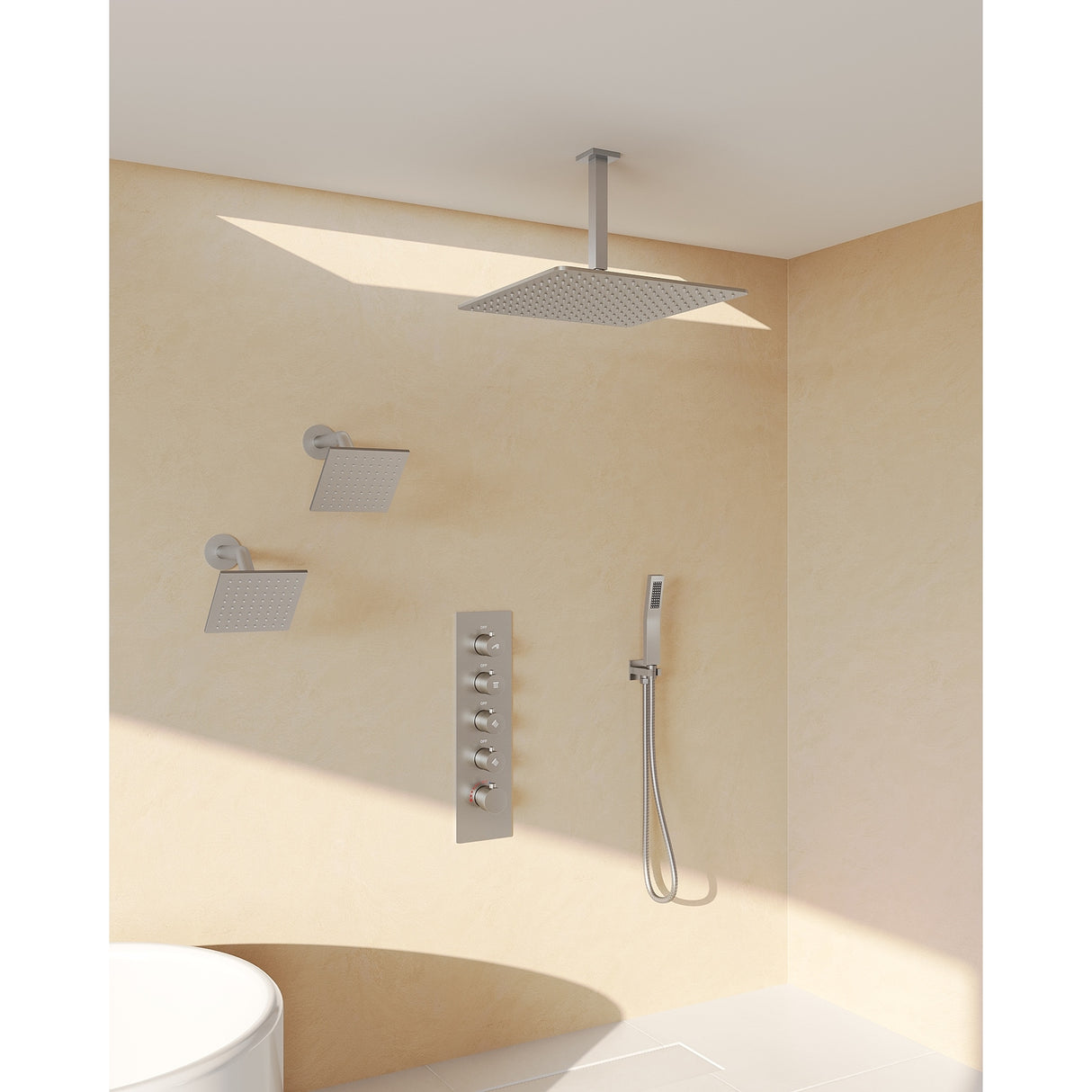 GRANDJOY High Pressure Shower Faucet System 16" Ceiling and dual 6" Wall Mounted Shower Head Combo Handheld Shower Spray