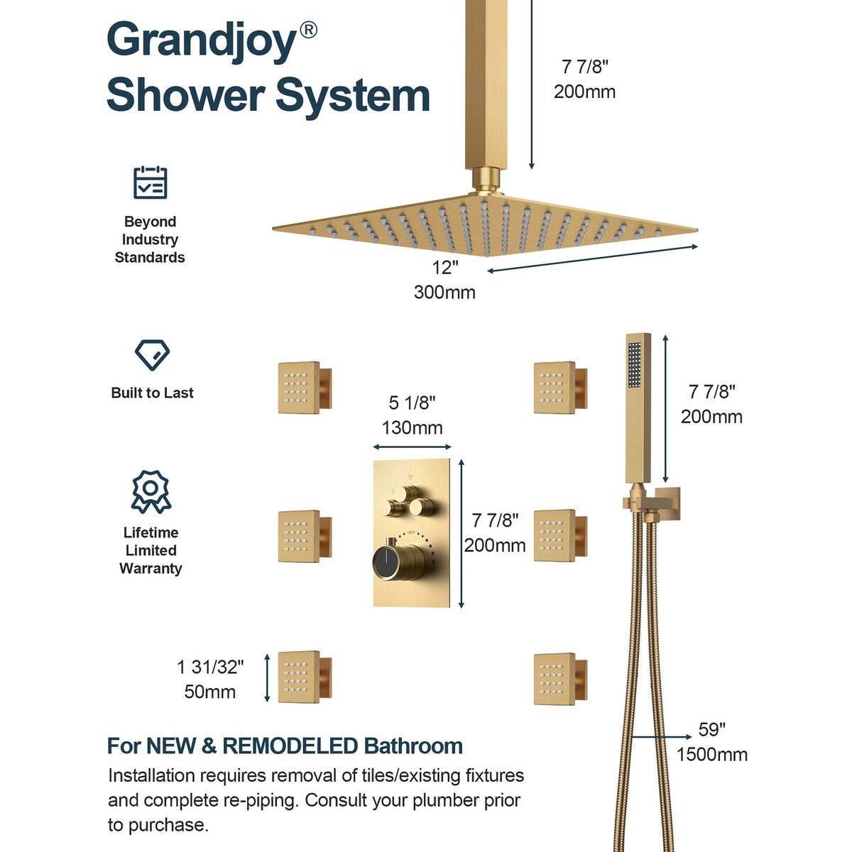GRANDJOY Thermostatic Shower System 12 inch Ceiling Mount Shower Head 6 Body Jets Handheld Spray with Hose High Pressure
