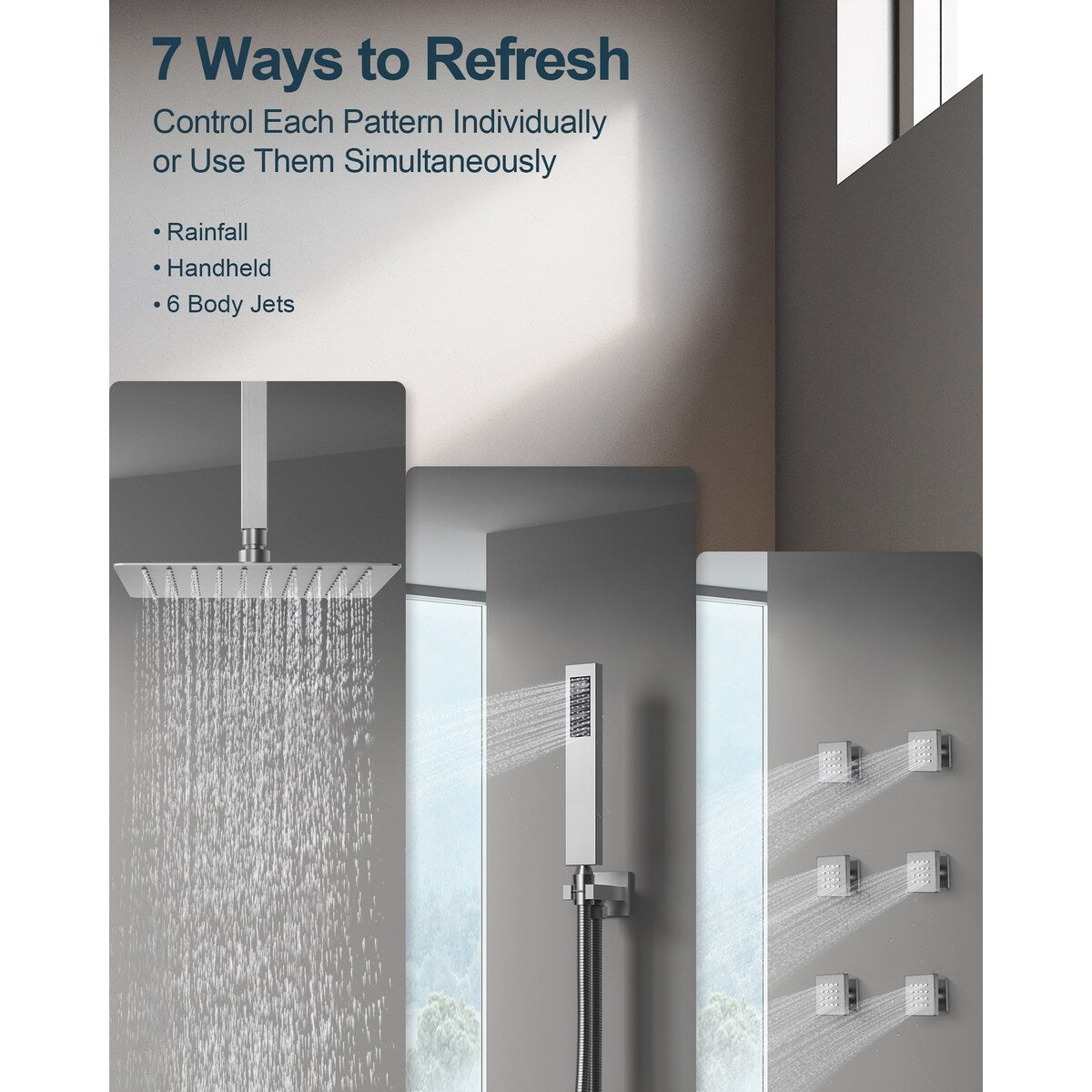GRANDJOY Thermostatic Shower System 12 inch Ceiling Mount Shower Head 6 Body Jets Handheld Spray with Hose High Pressure