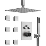 GRANDJOY Thermostatic Shower System 12 inch Ceiling Mount Shower Head 6 Body Jets Handheld Spray with Hose High Pressure
