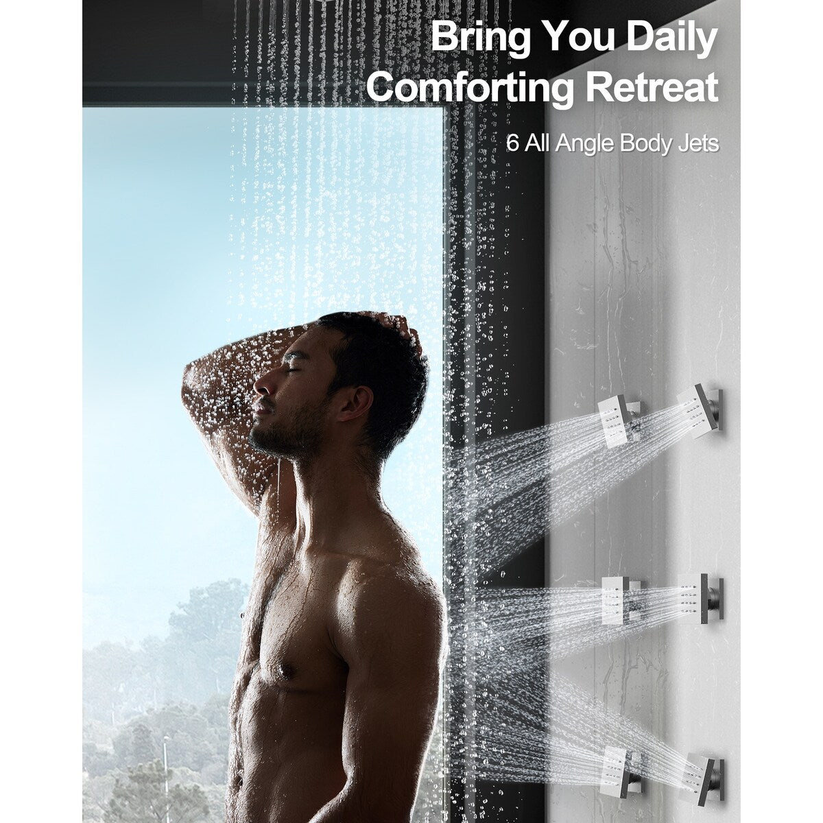 GRANDJOY Thermostatic Shower System 12 inch Ceiling Mount Shower Head 6 Body Jets Handheld Spray with Hose High Pressure