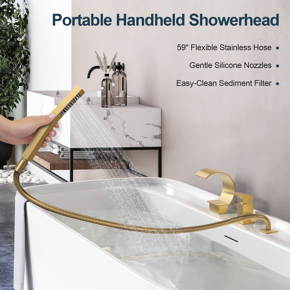 GRANDJOY Shower Faucet Set Deck Mount Bathtub Spout and Handheld Spray Combo High Pressure