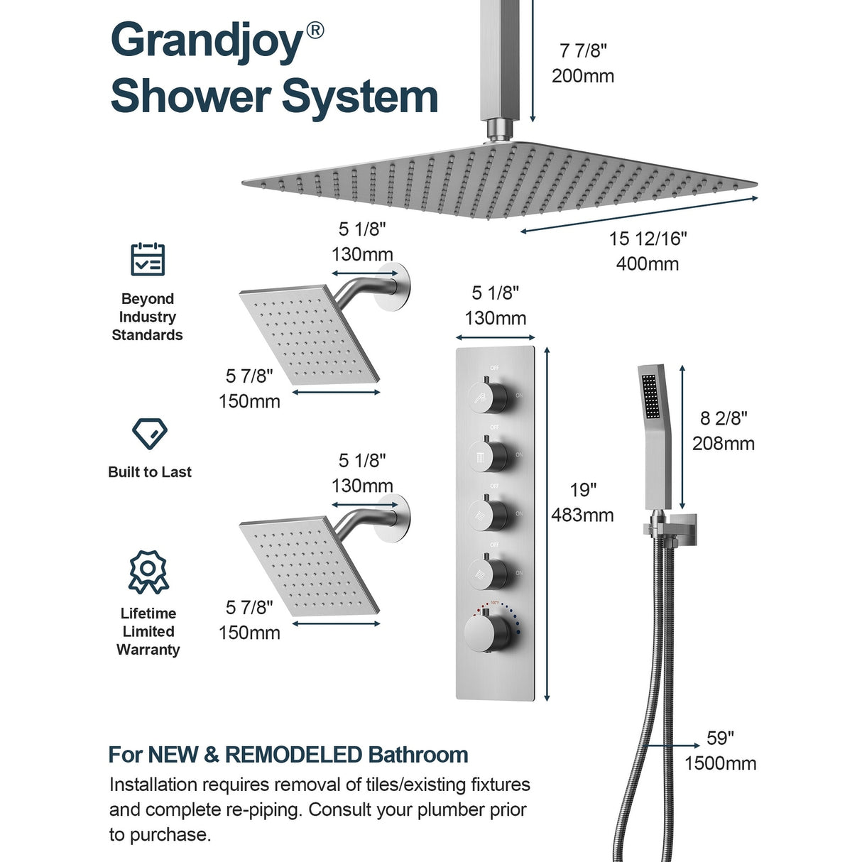 GRANDJOY High Pressure Shower Faucet System 16" Ceiling and dual 6" Wall Mounted Shower Head Combo Handheld Shower Spray