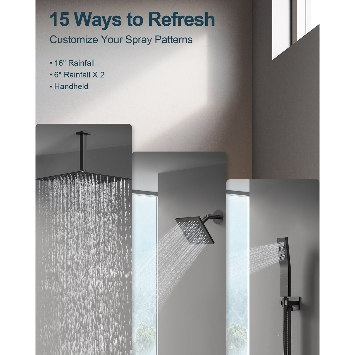 GRANDJOY High Pressure Shower Faucet System 16" Ceiling and dual 6" Wall Mounted Shower Head Combo Handheld Shower Spray