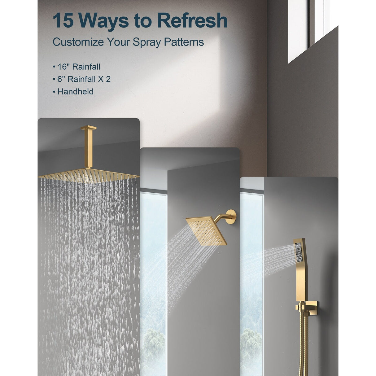 GRANDJOY High Pressure Shower Faucet System 16" Ceiling and dual 6" Wall Mounted Shower Head Combo Handheld Shower Spray
