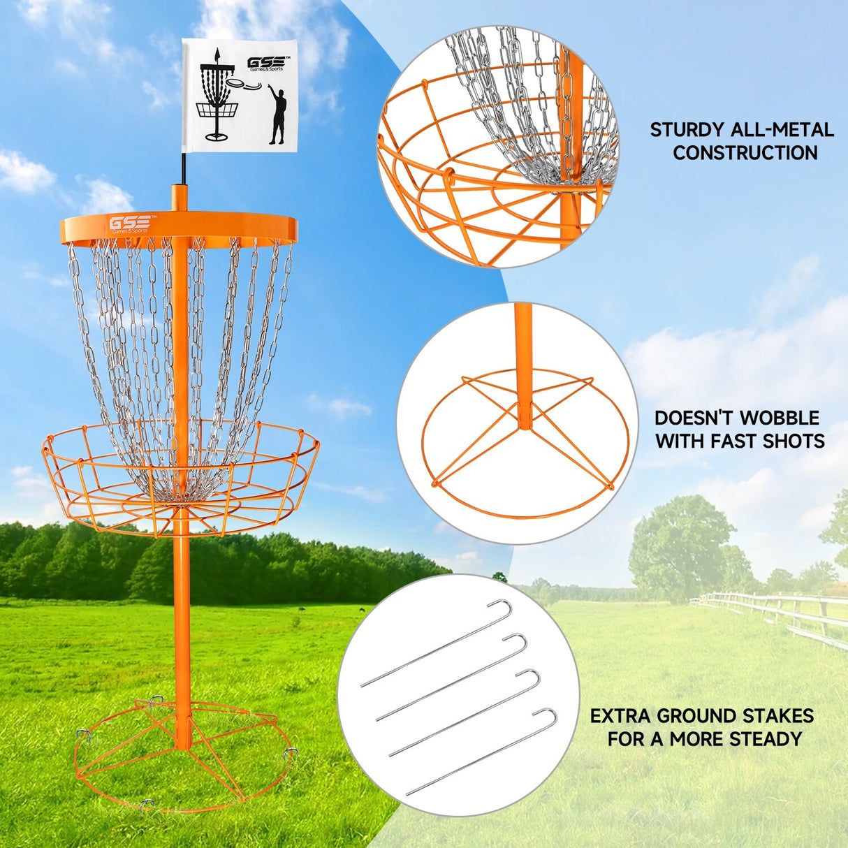 GSE™ Deluxe Portable 24-Chain Disc Golf Targets Basket, PRO Disc Golf Practice Goal Baskets