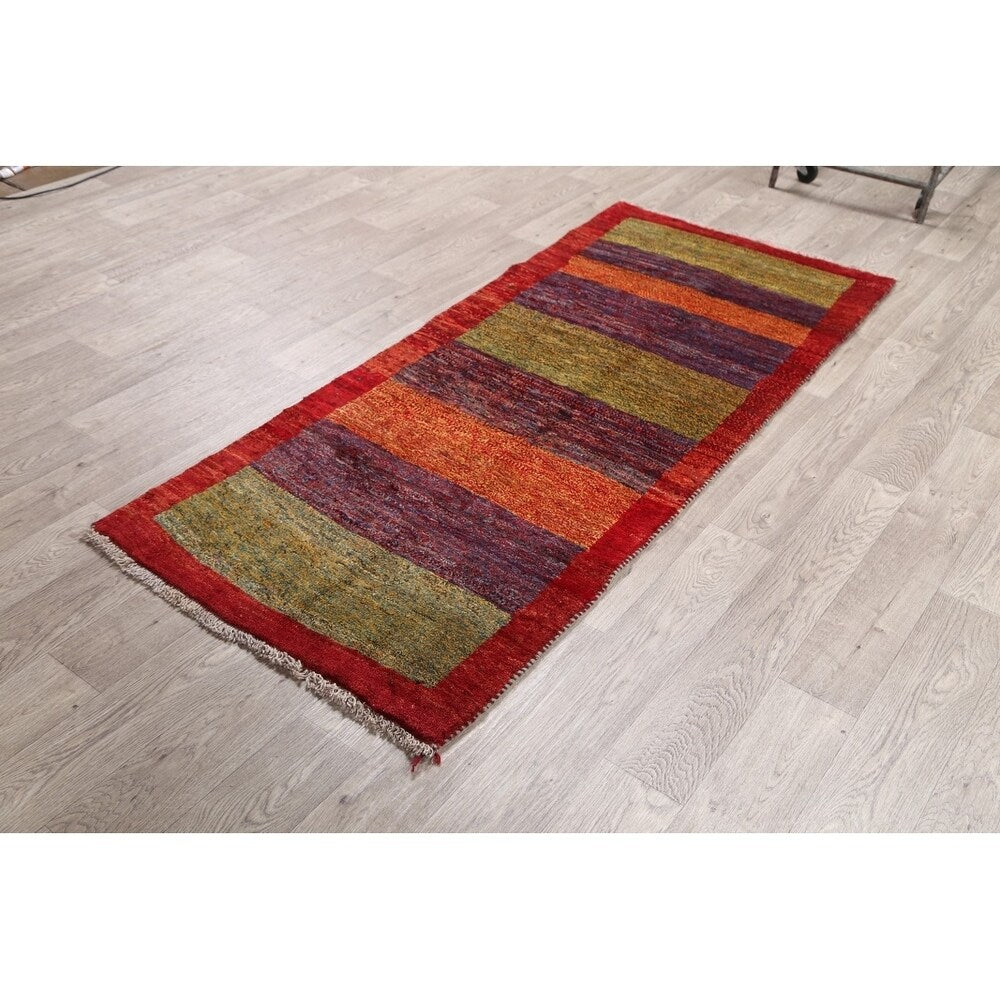 Gabbeh Shiraz Handmade Persian Modern Stripe Bordered Rug - 6'11" x 2'11" Runner