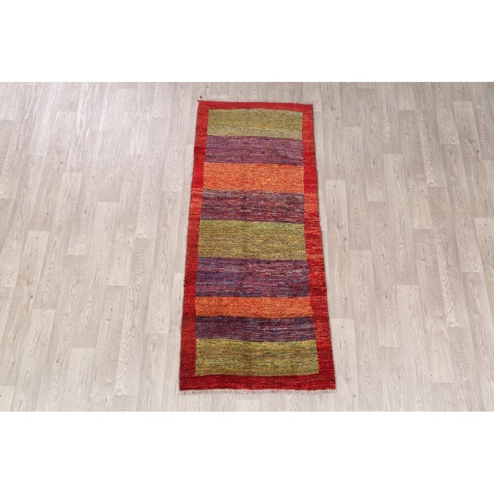 Gabbeh Shiraz Handmade Persian Modern Stripe Bordered Rug - 6'11" x 2'11" Runner