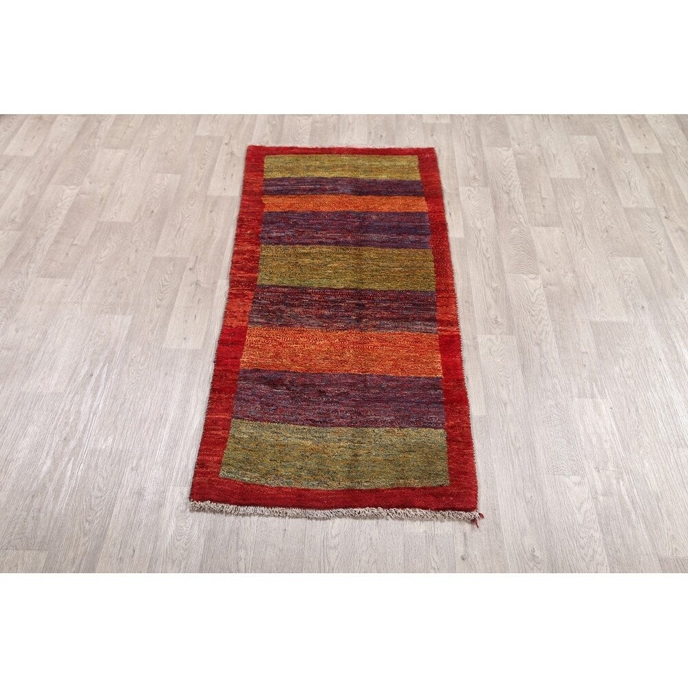 Gabbeh Shiraz Handmade Persian Modern Stripe Bordered Rug - 6'11" x 2'11" Runner