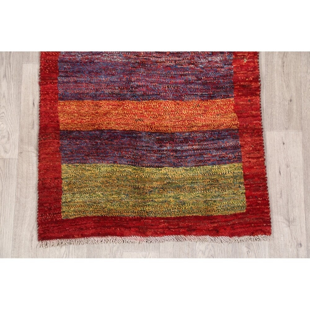 Gabbeh Shiraz Handmade Persian Modern Stripe Bordered Rug - 6'11" x 2'11" Runner
