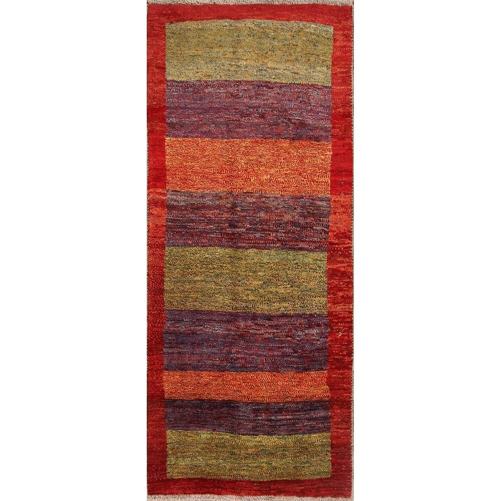 Gabbeh Shiraz Handmade Persian Modern Stripe Bordered Rug - 6'11" x 2'11" Runner