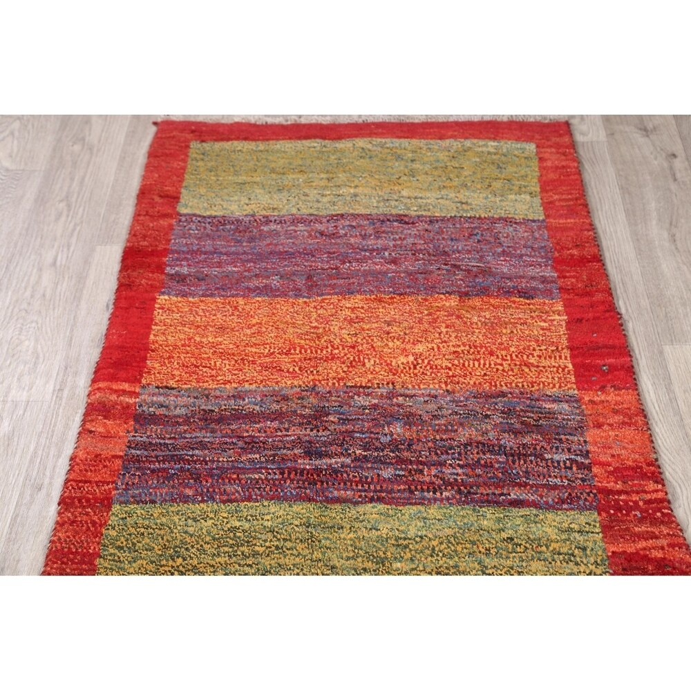 Gabbeh Shiraz Handmade Persian Modern Stripe Bordered Rug - 6'11" x 2'11" Runner