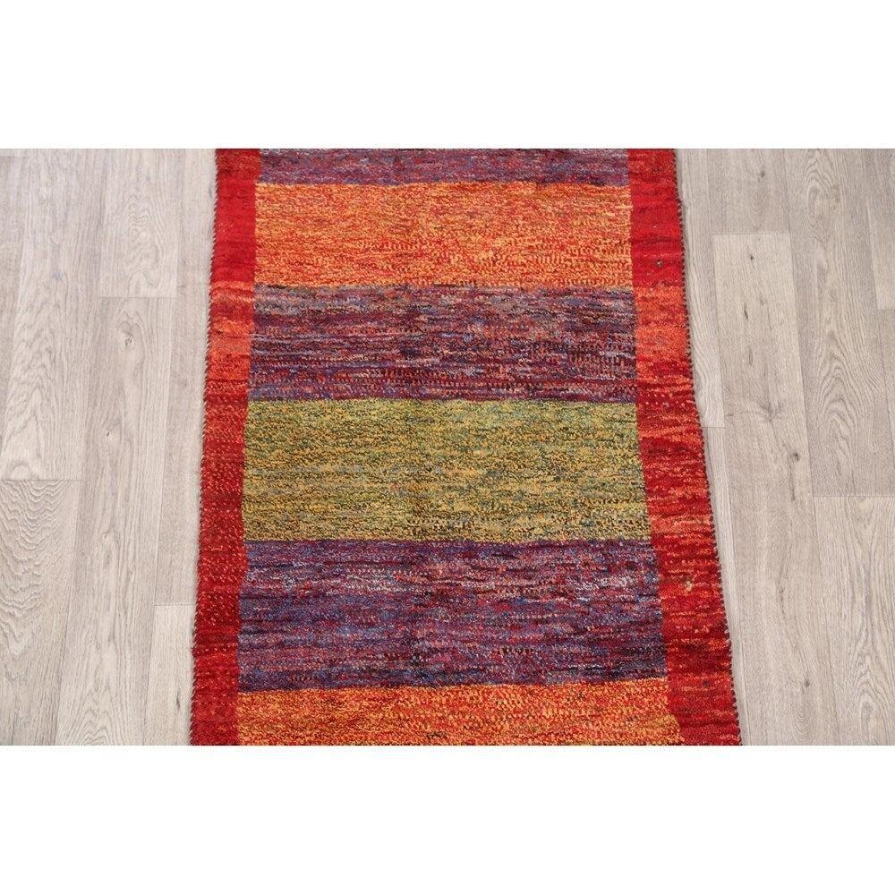 Gabbeh Shiraz Handmade Persian Modern Stripe Bordered Rug - 6'11" x 2'11" Runner