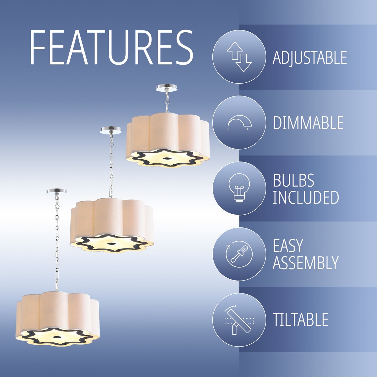 Gabrielle 4-Light 20" Adjustable Scalloped Shade Metal LED Pendant, Chrome/White by JONATHAN Y