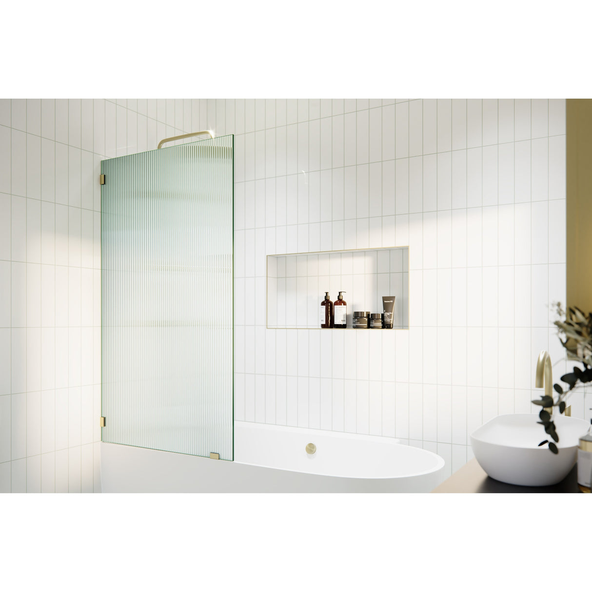 Gaia 30 in. x 58.25 in. Single Fixed Frameless Fluted Frosted Bath Panel Shower Tub Door