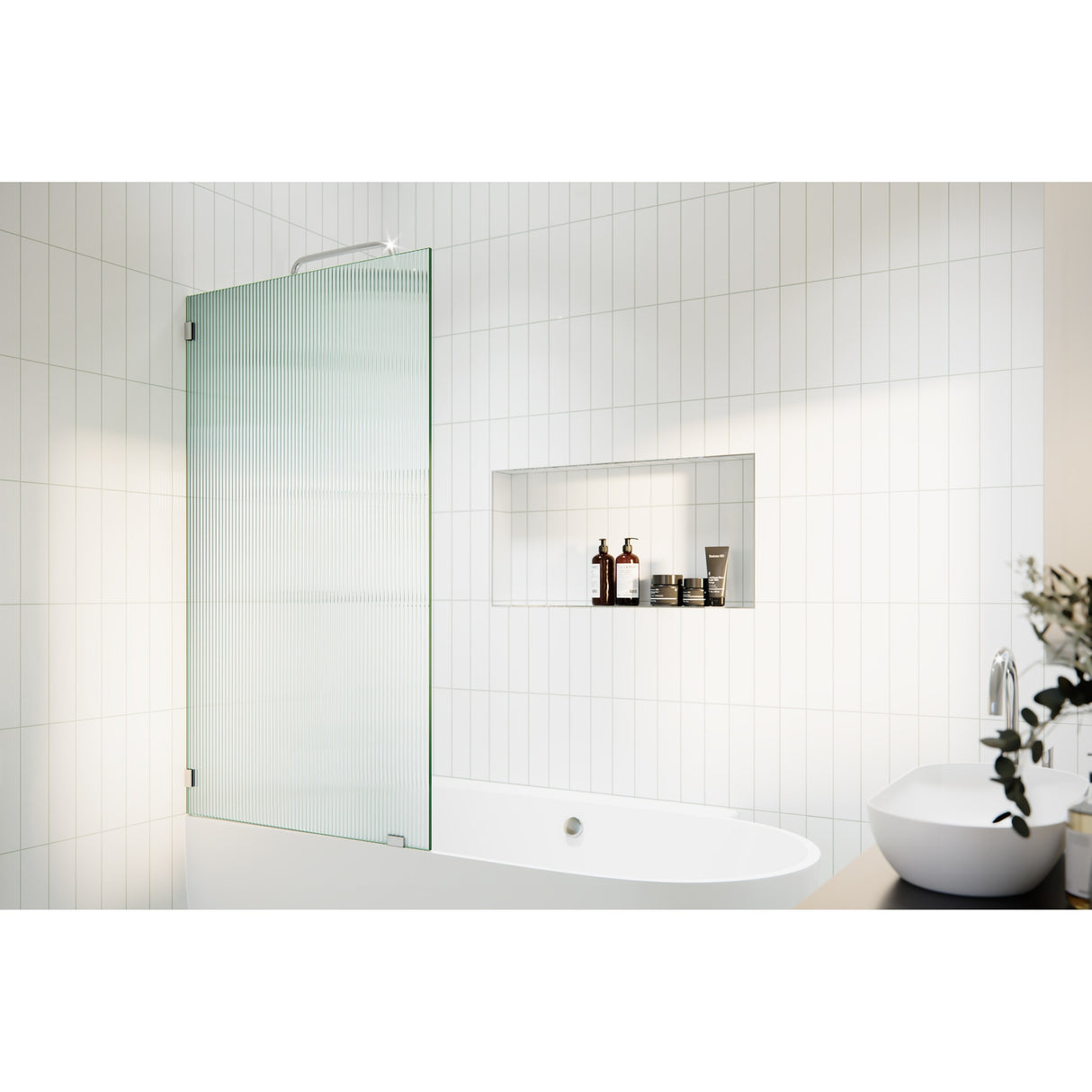 Gaia 30 in. x 58.25 in. Single Fixed Frameless Fluted Frosted Bath Panel Shower Tub Door