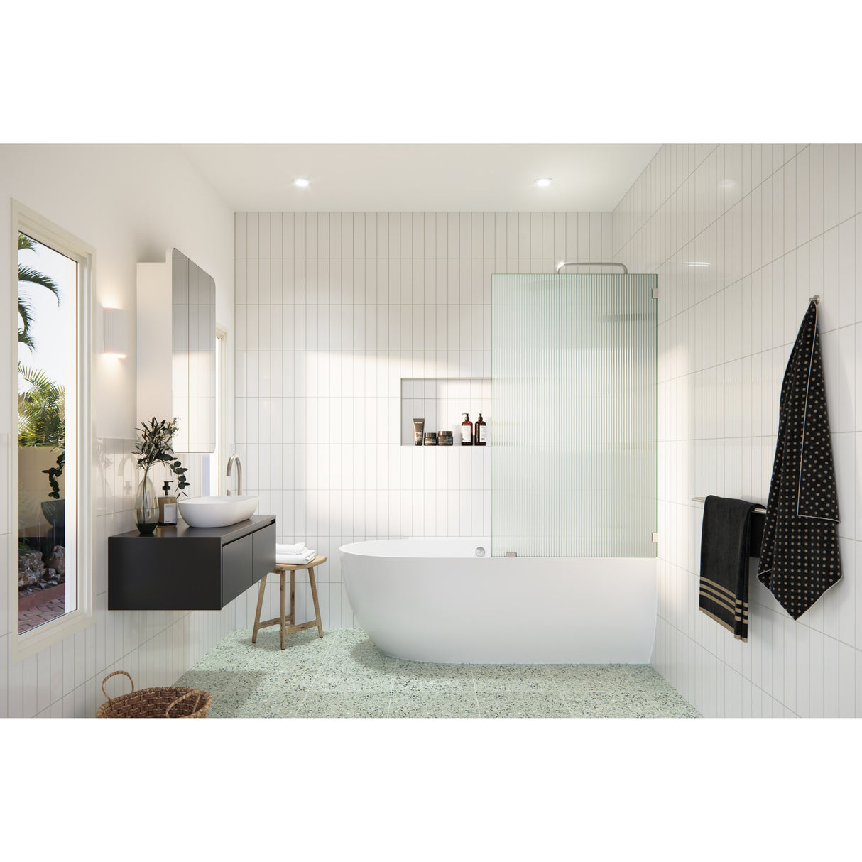 Gaia 30 in. x 58.25 in. Single Fixed Frameless Fluted Frosted Bath Panel Shower Tub Door