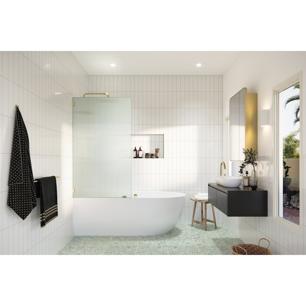 Gaia 30 in. x 58.25 in. Single Fixed Frameless Fluted Frosted Bath Panel Shower Tub Door