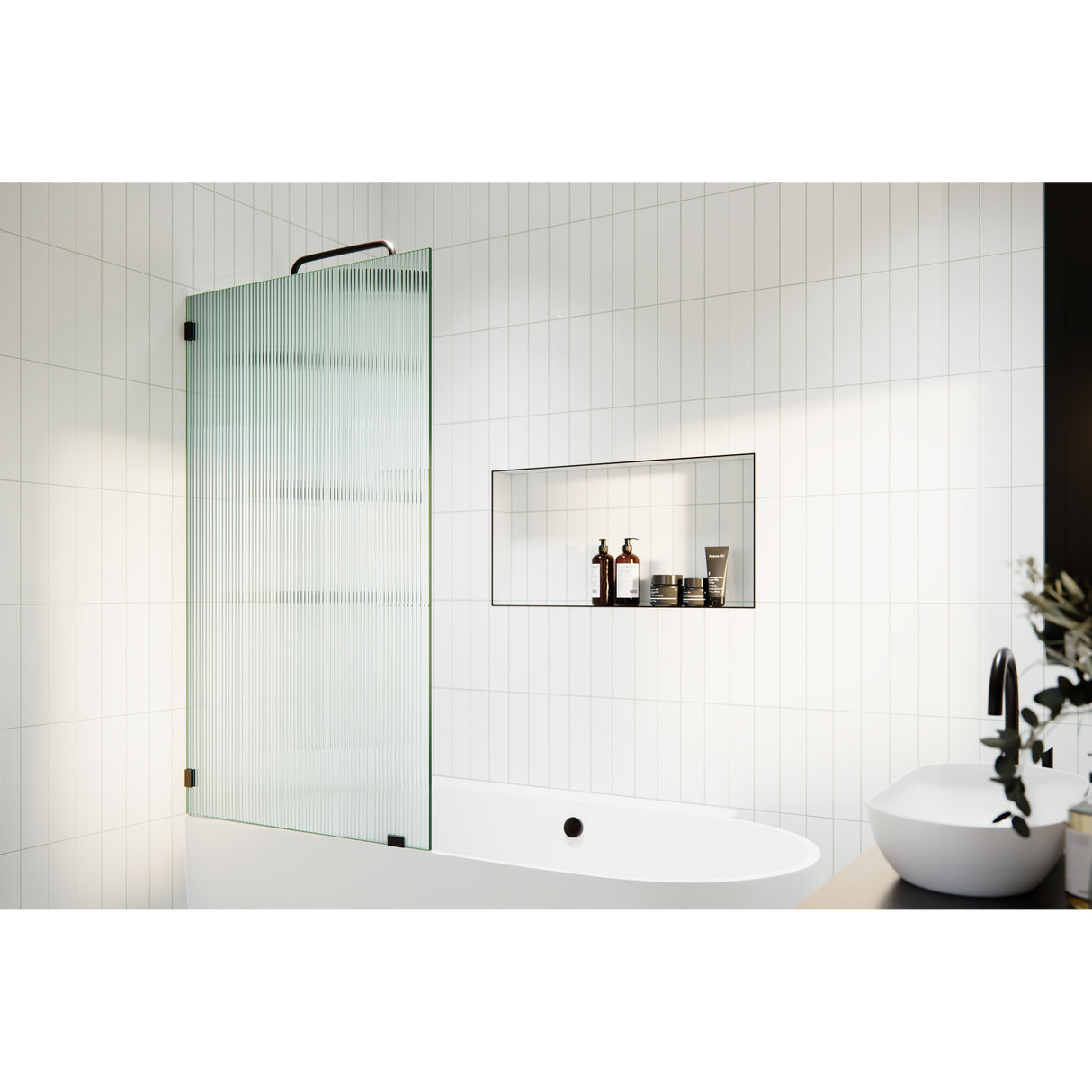 Gaia 30 in. x 58.25 in. Single Fixed Frameless Fluted Frosted Bath Panel Shower Tub Door