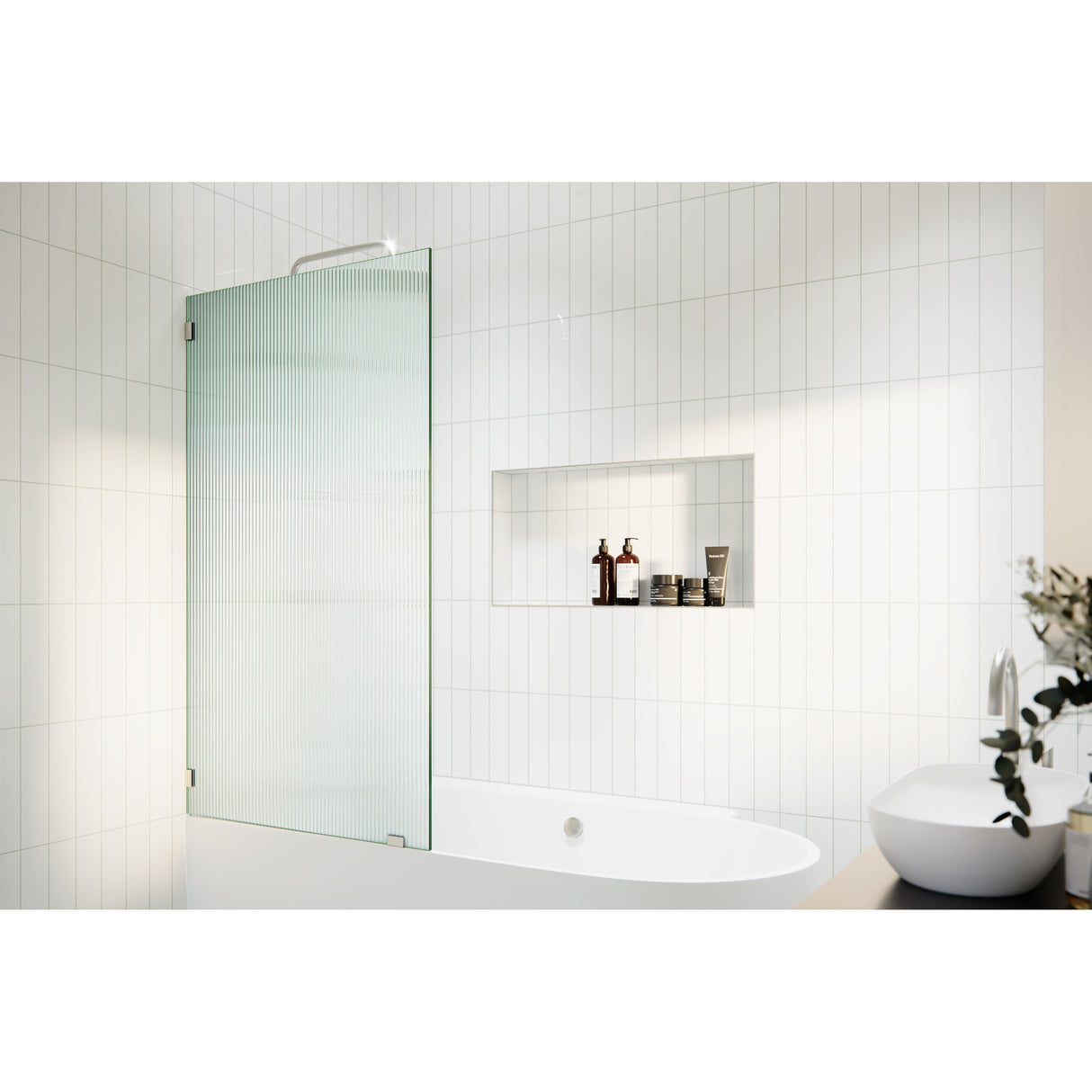 Gaia 30 in. x 58.25 in. Single Fixed Frameless Fluted Frosted Bath Panel Shower Tub Door