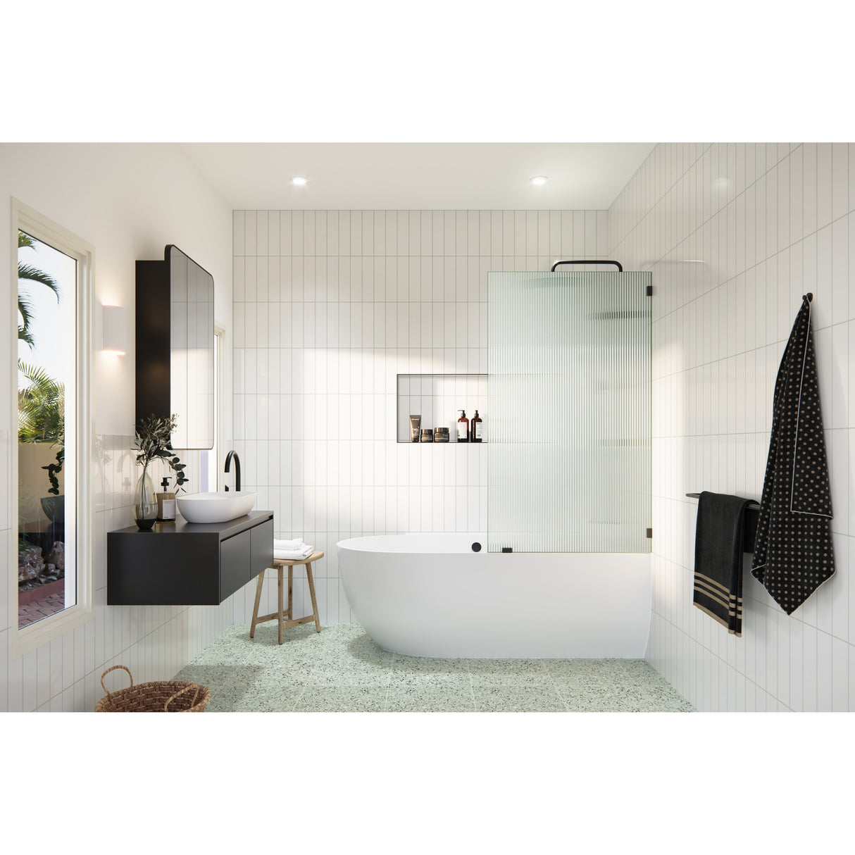 Gaia 30 in. x 58.25 in. Single Fixed Frameless Fluted Frosted Bath Panel Shower Tub Door