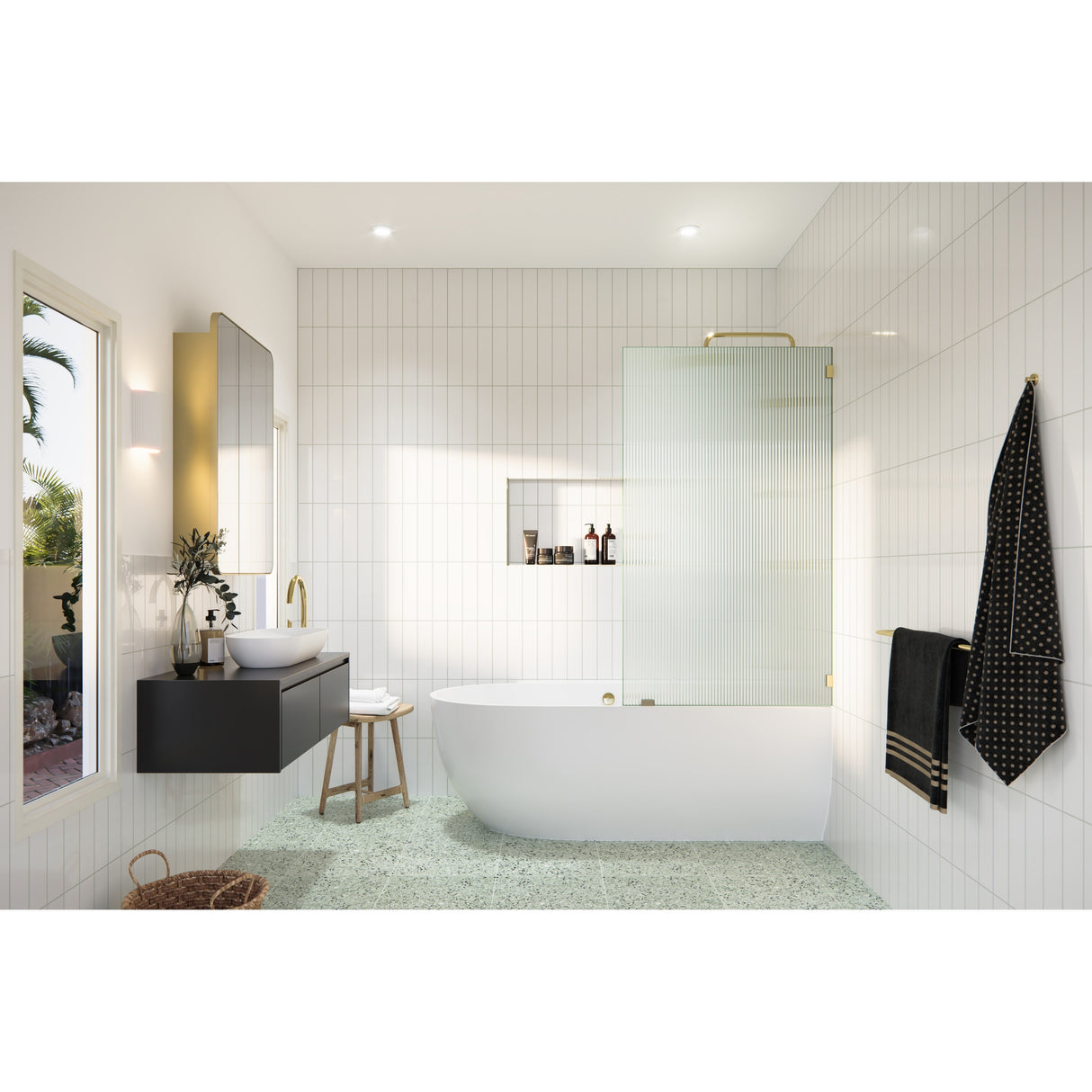Gaia 30 in. x 58.25 in. Single Fixed Frameless Fluted Frosted Bath Panel Shower Tub Door