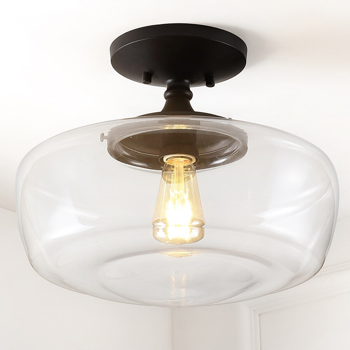 Gaines Glass/Iron Farmhouse Modern LED Flush Mount, by JONATHAN Y