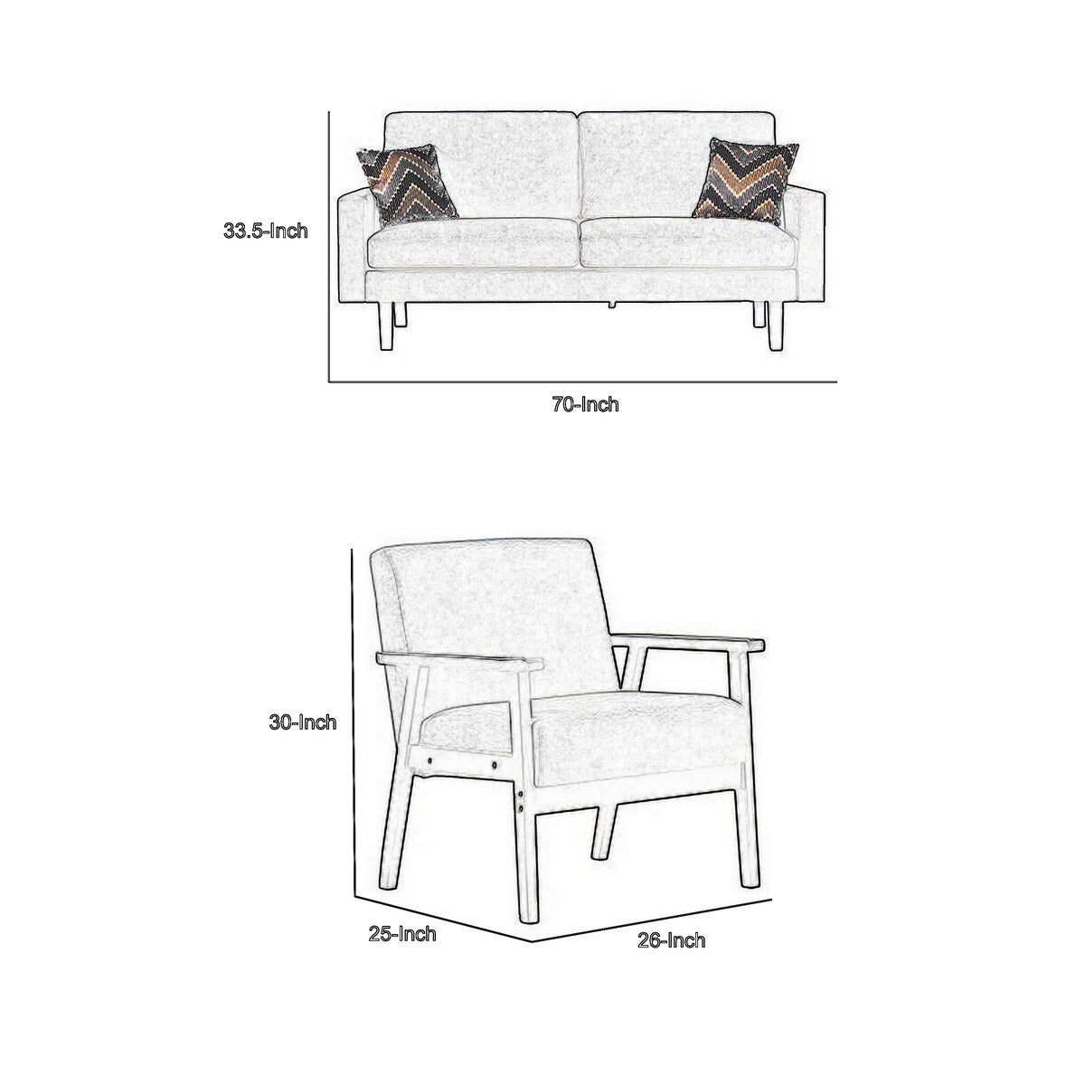 Gala 2 Piece Sofa and Chair Set, Ivory Fabric, 2 Pillows, Brown Wood Frame