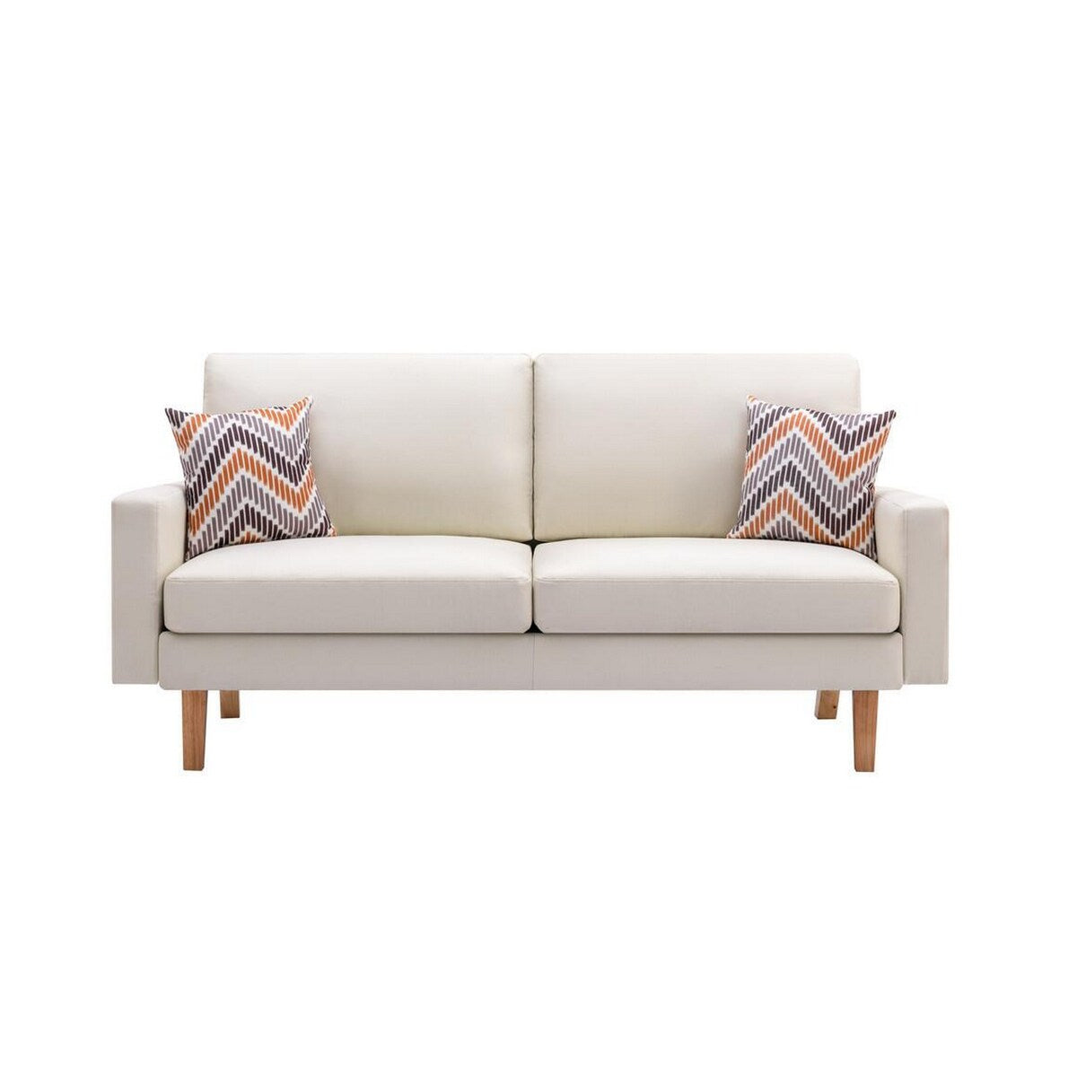 Gala 2 Piece Sofa and Chair Set, Ivory Fabric, 2 Pillows, Brown Wood Frame