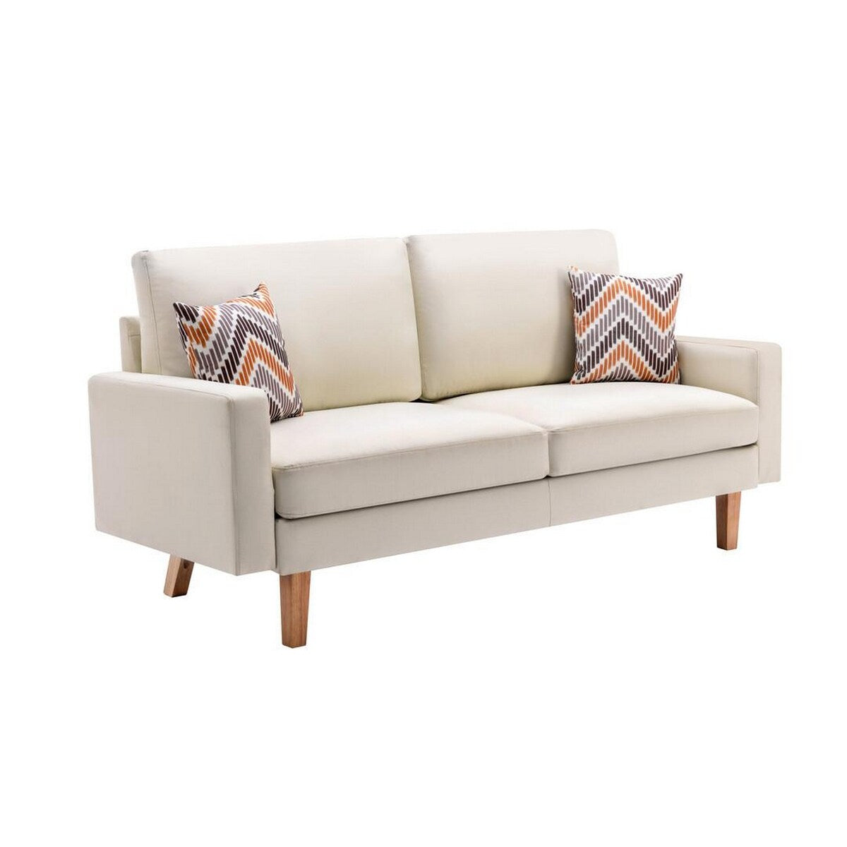 Gala 2 Piece Sofa and Chair Set, Ivory Fabric, 2 Pillows, Brown Wood Frame