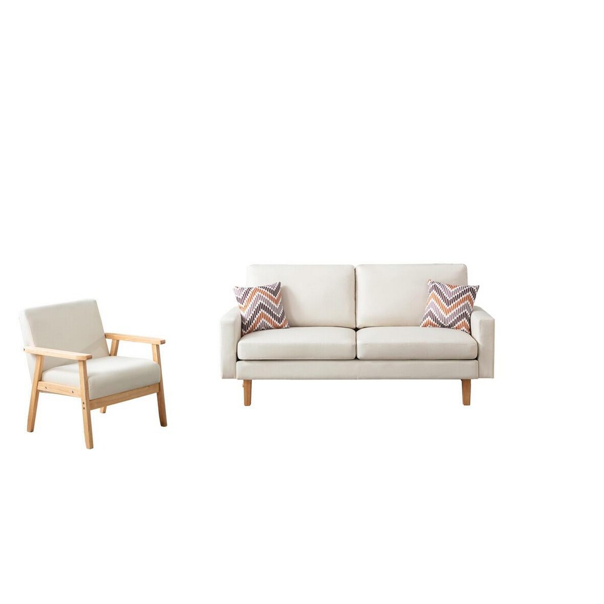 Gala 2 Piece Sofa and Chair Set, Ivory Fabric, 2 Pillows, Brown Wood Frame
