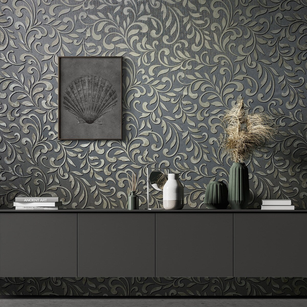 Galerie Wallcoverings Leafy Scroll Damask Vinyl on Non-woven Metallic Wallpaper Roll