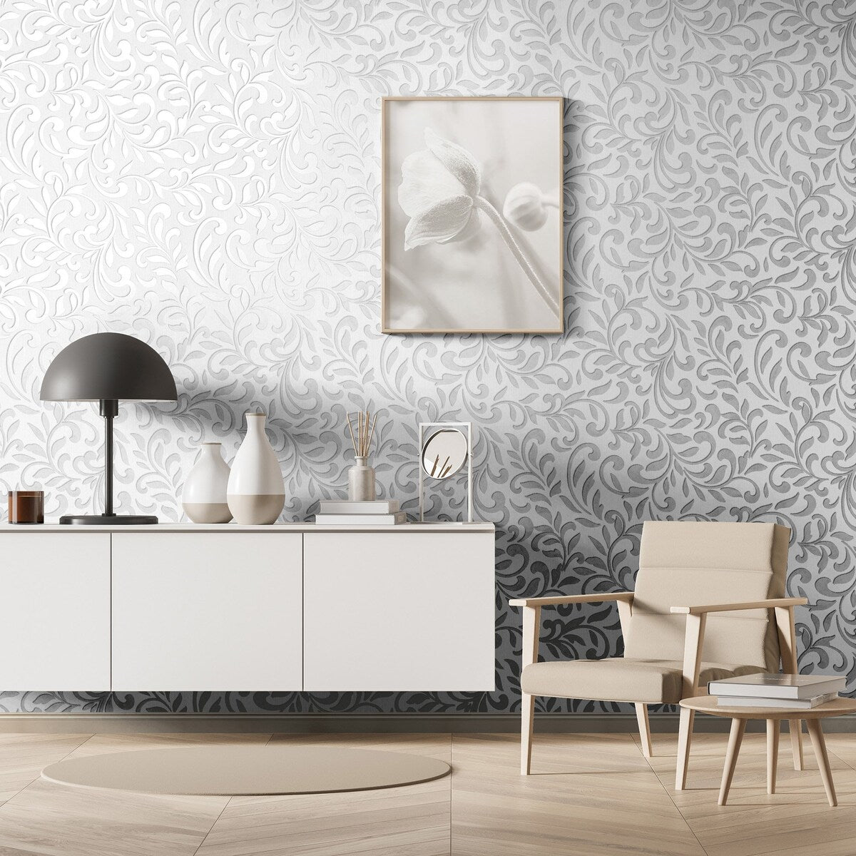 Galerie Wallcoverings Leafy Scroll Damask Vinyl on Non-woven Metallic Wallpaper Roll