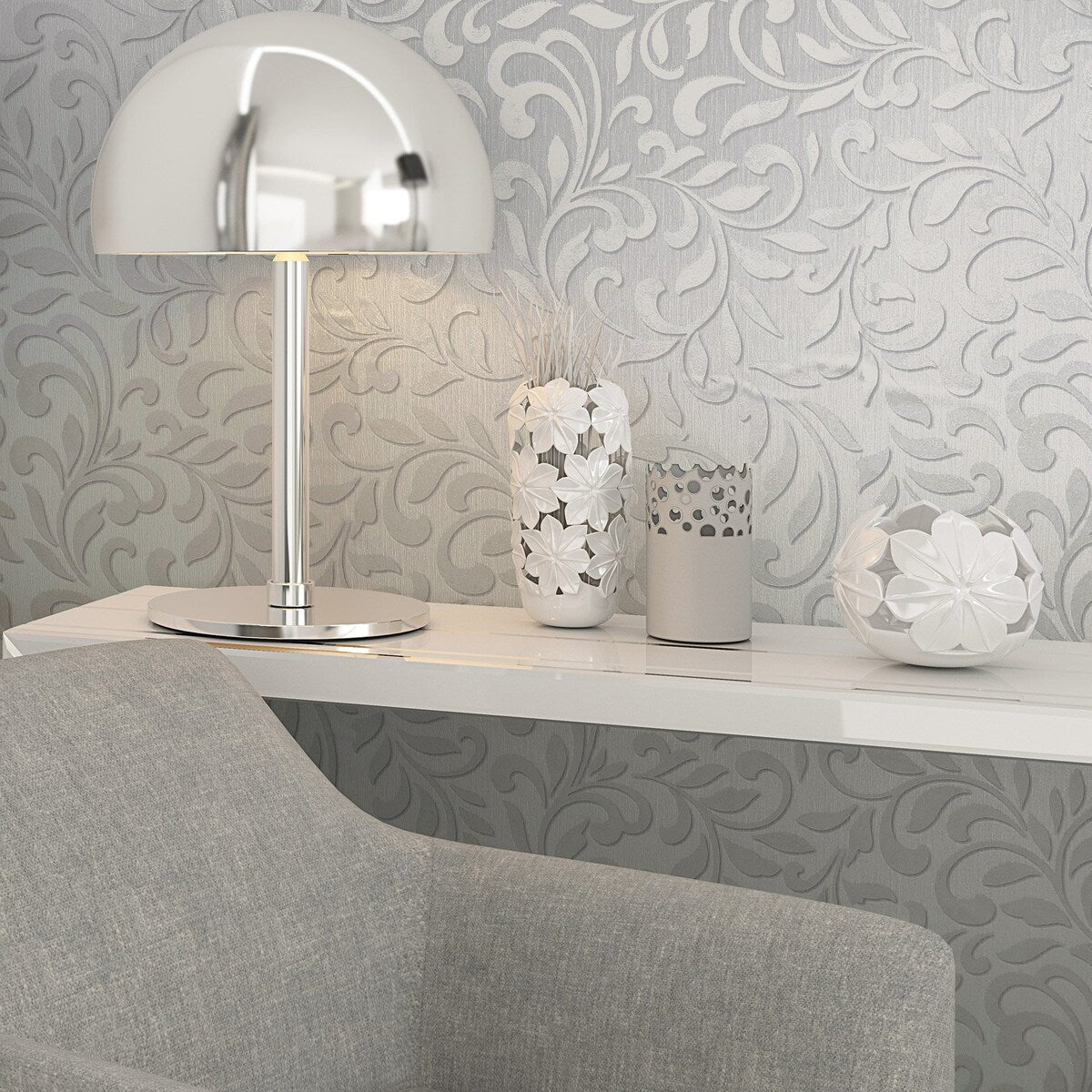 Galerie Wallcoverings Leafy Scroll Damask Vinyl on Non-woven Metallic Wallpaper Roll